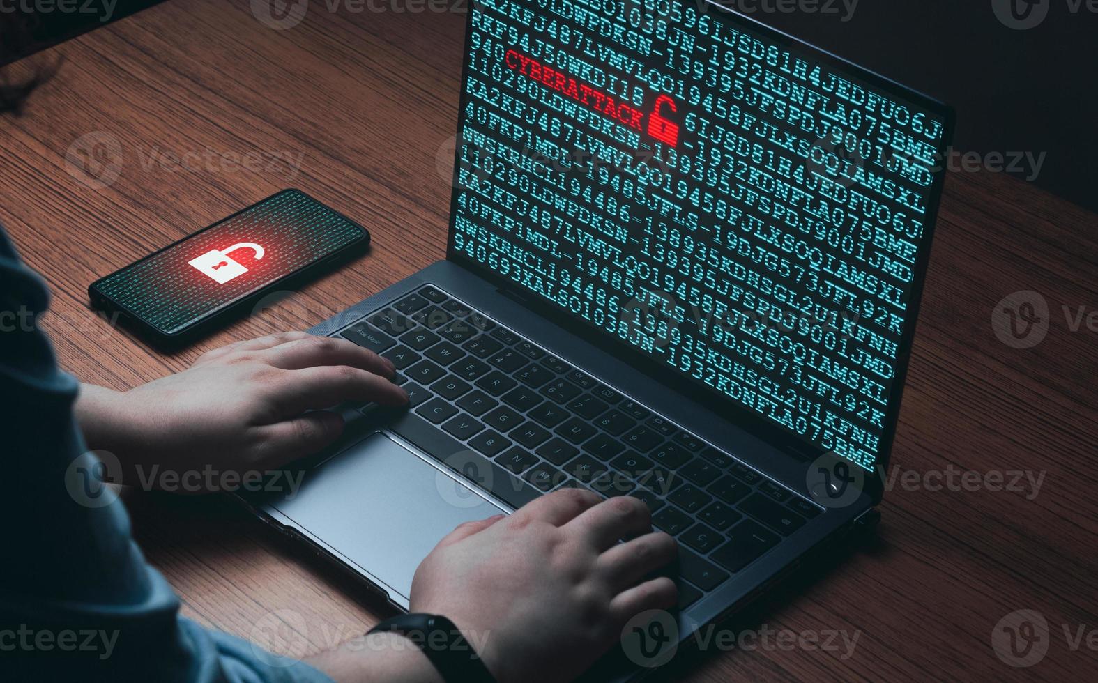 Woman using laptop on wood desk with cyberattack warning on screen. Cyber security concept. Future technology. Hacker. photo