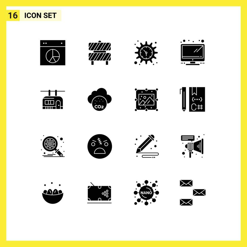 Modern Set of 16 Solid Glyphs and symbols such as tramway tv working area monitor watch Editable Vector Design Elements