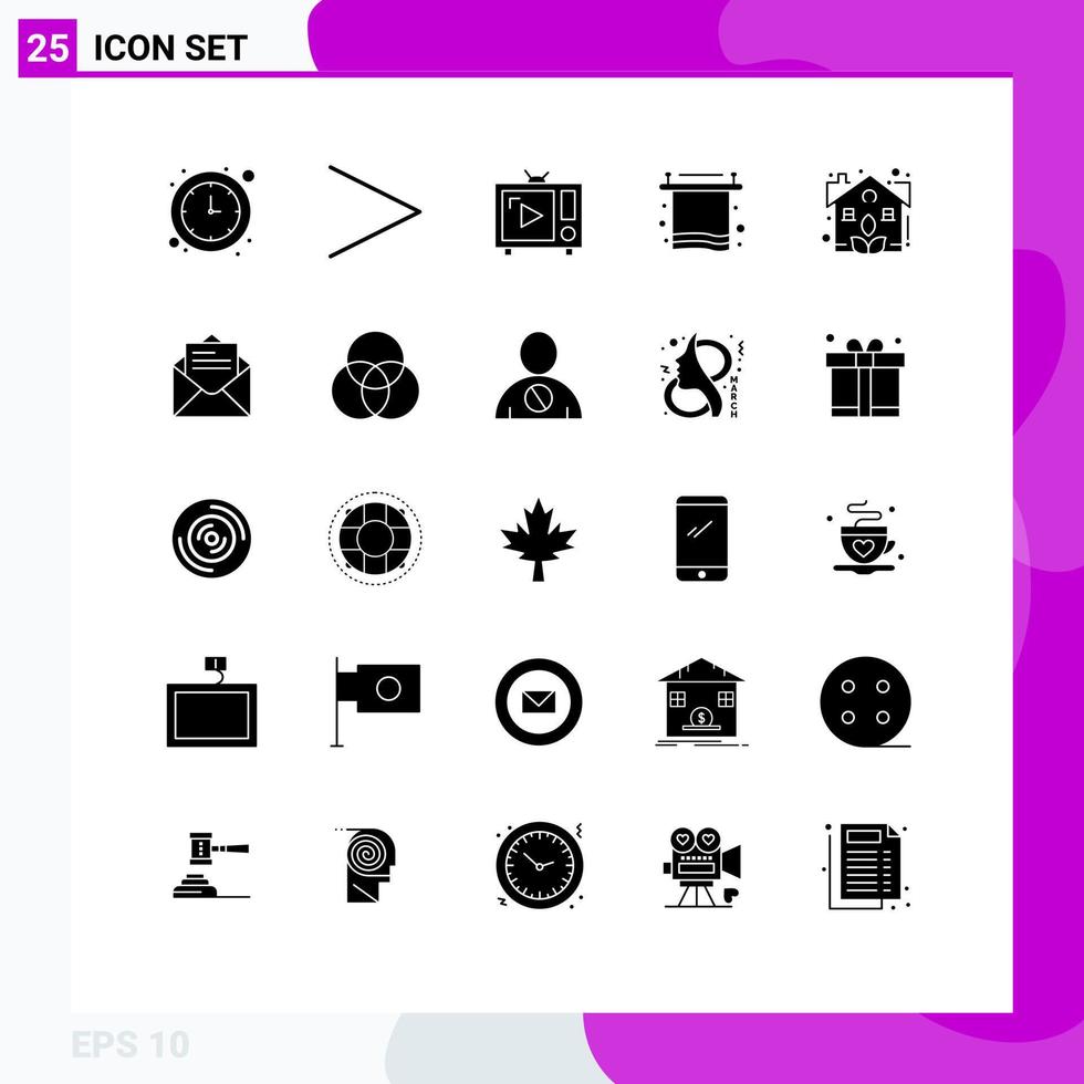 Mobile Interface Solid Glyph Set of 25 Pictograms of garden break retro tv towel bath Editable Vector Design Elements