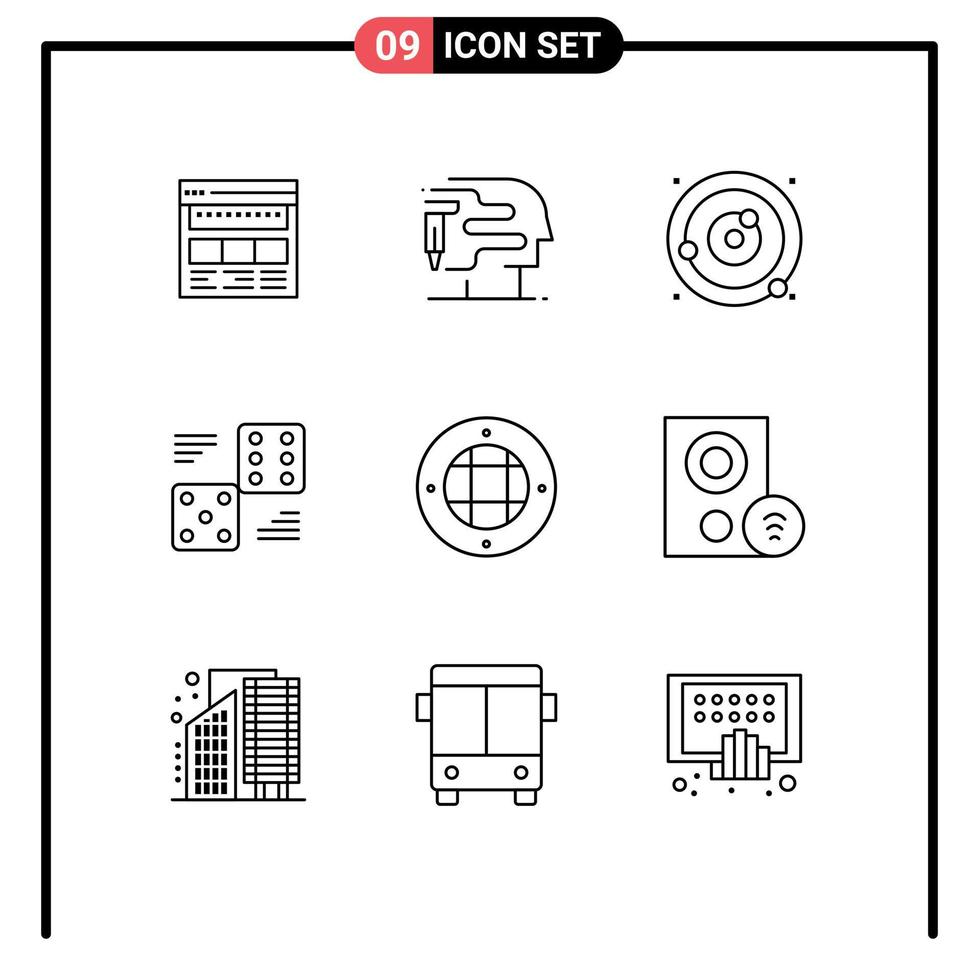 Mobile Interface Outline Set of 9 Pictograms of game dice printing sphere planets orbiting Editable Vector Design Elements