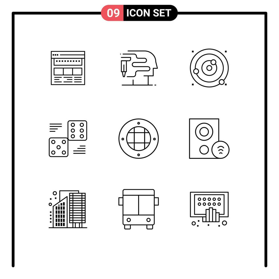Conjunto de contorno de interfaz móvil de 9 pictogramas de planetas de esfera de impresión de dados de juego que orbitan elementos de diseño de vectores editables