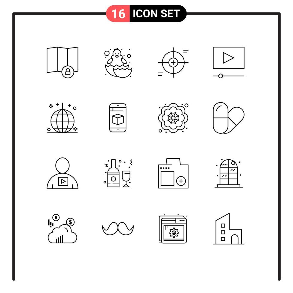Pictogram Set of 16 Simple Outlines of holiday celebration focus player cinema Editable Vector Design Elements