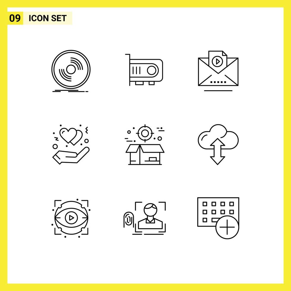 Editable Vector Line Pack of 9 Simple Outlines of boxes heart computer hand protect Editable Vector Design Elements