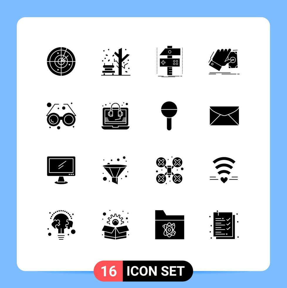 Modern Set of 16 Solid Glyphs and symbols such as dollar money build hand game Editable Vector Design Elements