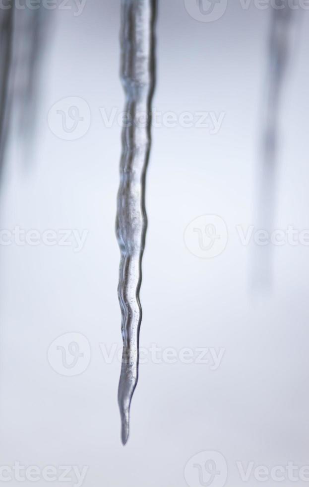 Brilliant icicle hanging on the ledge on a snowy day. photo