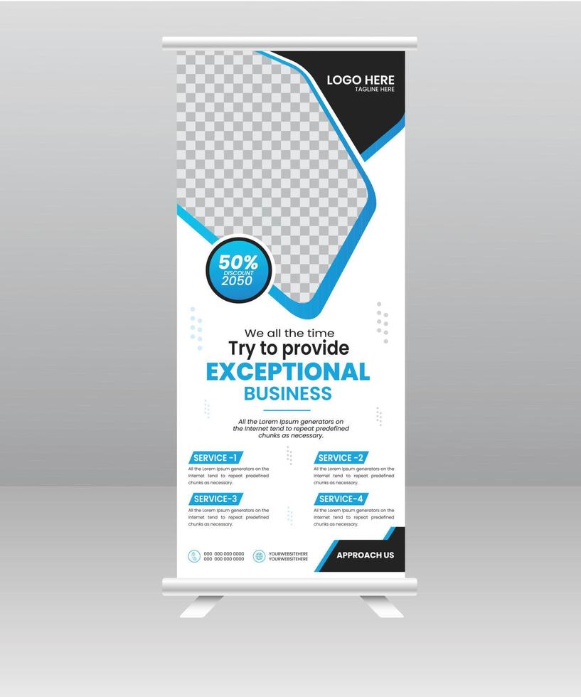 Modern Business Roll up banner standee template for shop and exhibition. vector