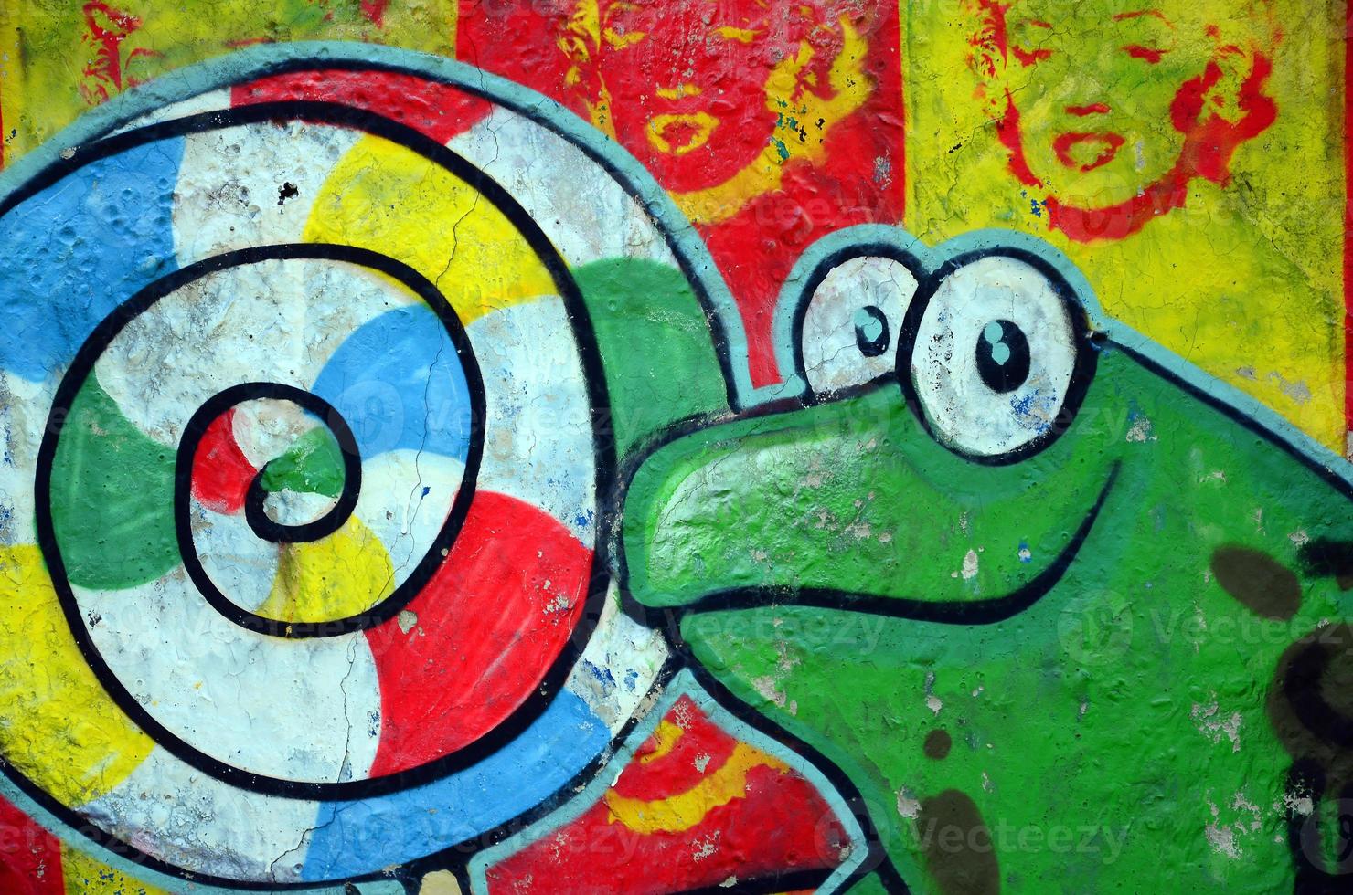 Street art. Abstract background image of a full completed graffiti painting with cartoon frog and lollipop photo
