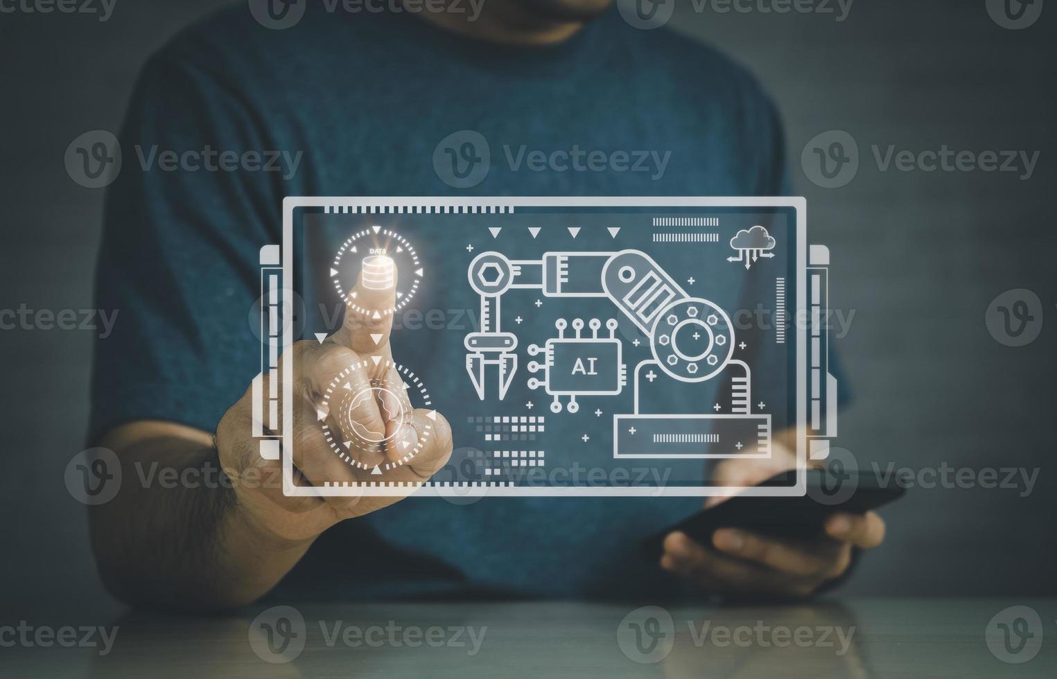 Man use smart mobile phone finger touch on virtual digital data AI screen with GPT CHAT cloud computing diagram show on hand. Data AI technology. Business artificial intelligence technology concept. photo