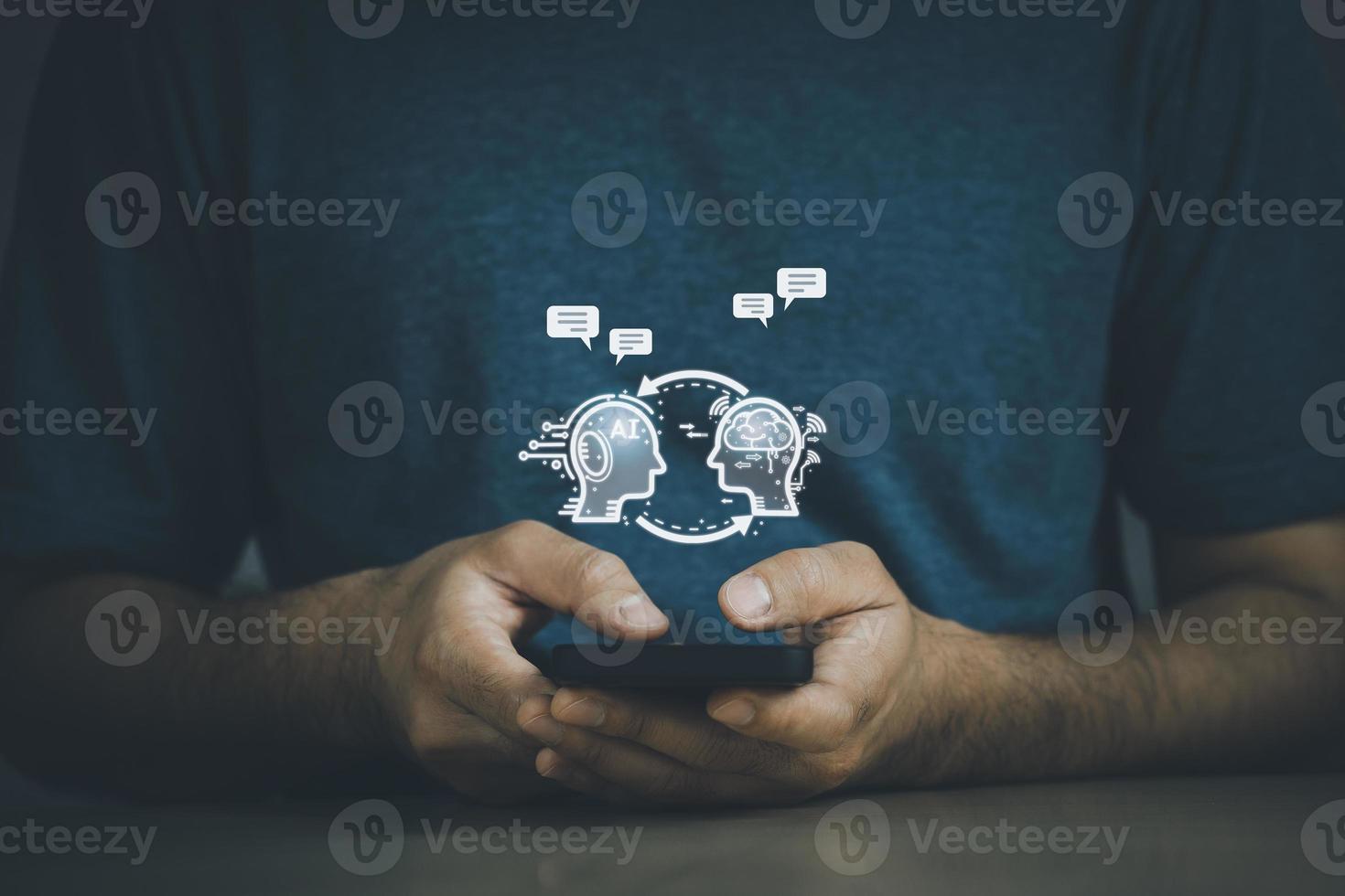 Man using smartphone mobile phone with digital chatbot, chat GPT, robot application, conversation assistant, AI Artificial Intelligence concept, digital chatbot virtual screen. Automatic AI Concept. photo