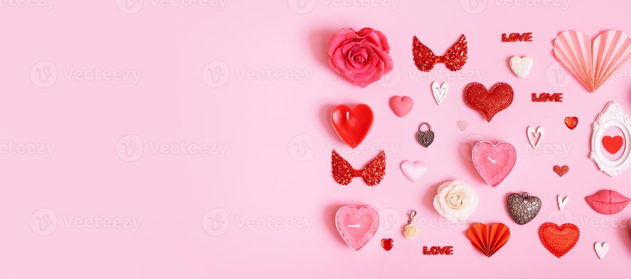 Many differente hearts and valentines day symbols elements top view. Creative valentines day banner background photo