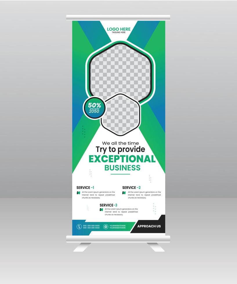 Modern Business Roll up banner standee template for shop and exhibition. vector