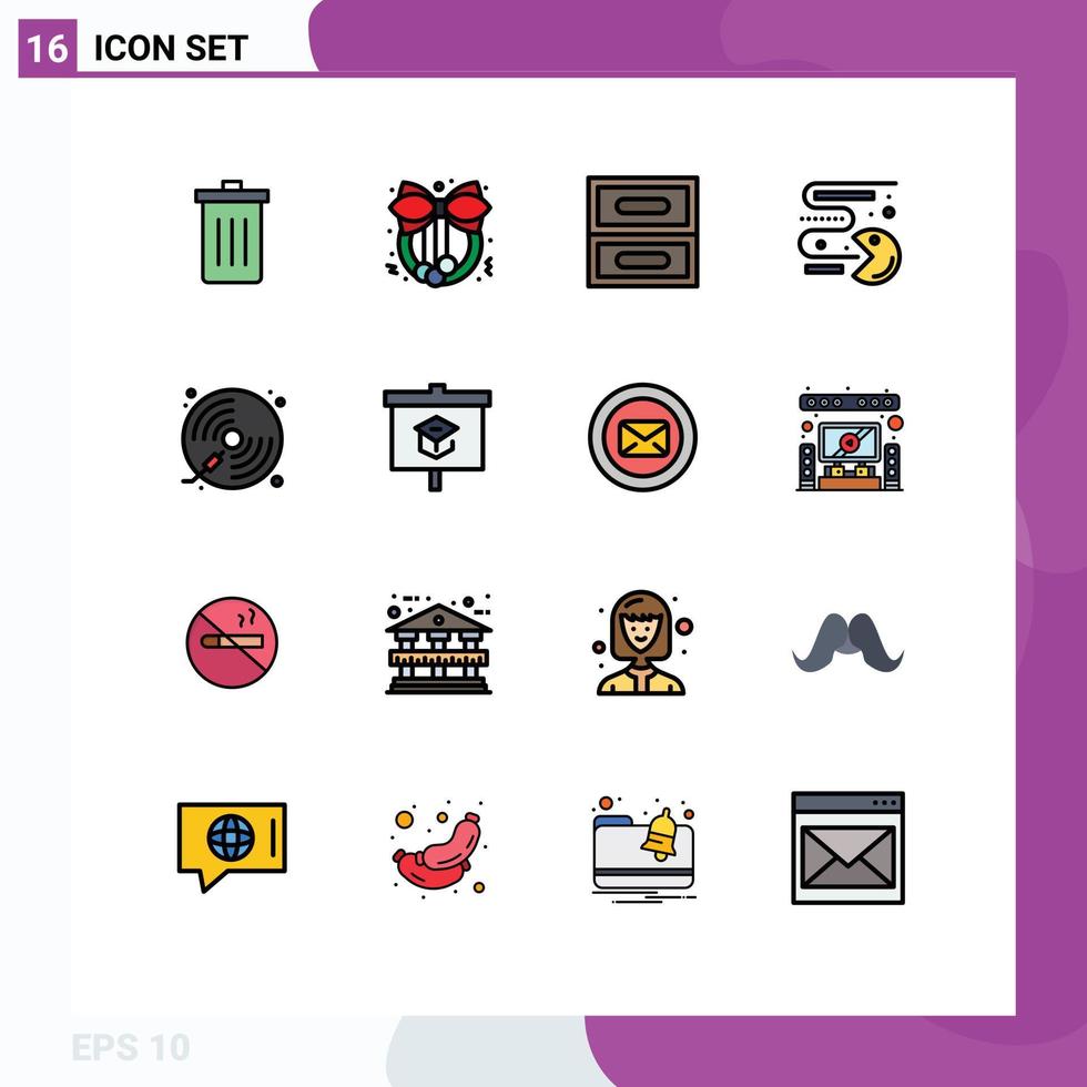Mobile Interface Flat Color Filled Line Set of 16 Pictograms of music disc archive play games Editable Creative Vector Design Elements