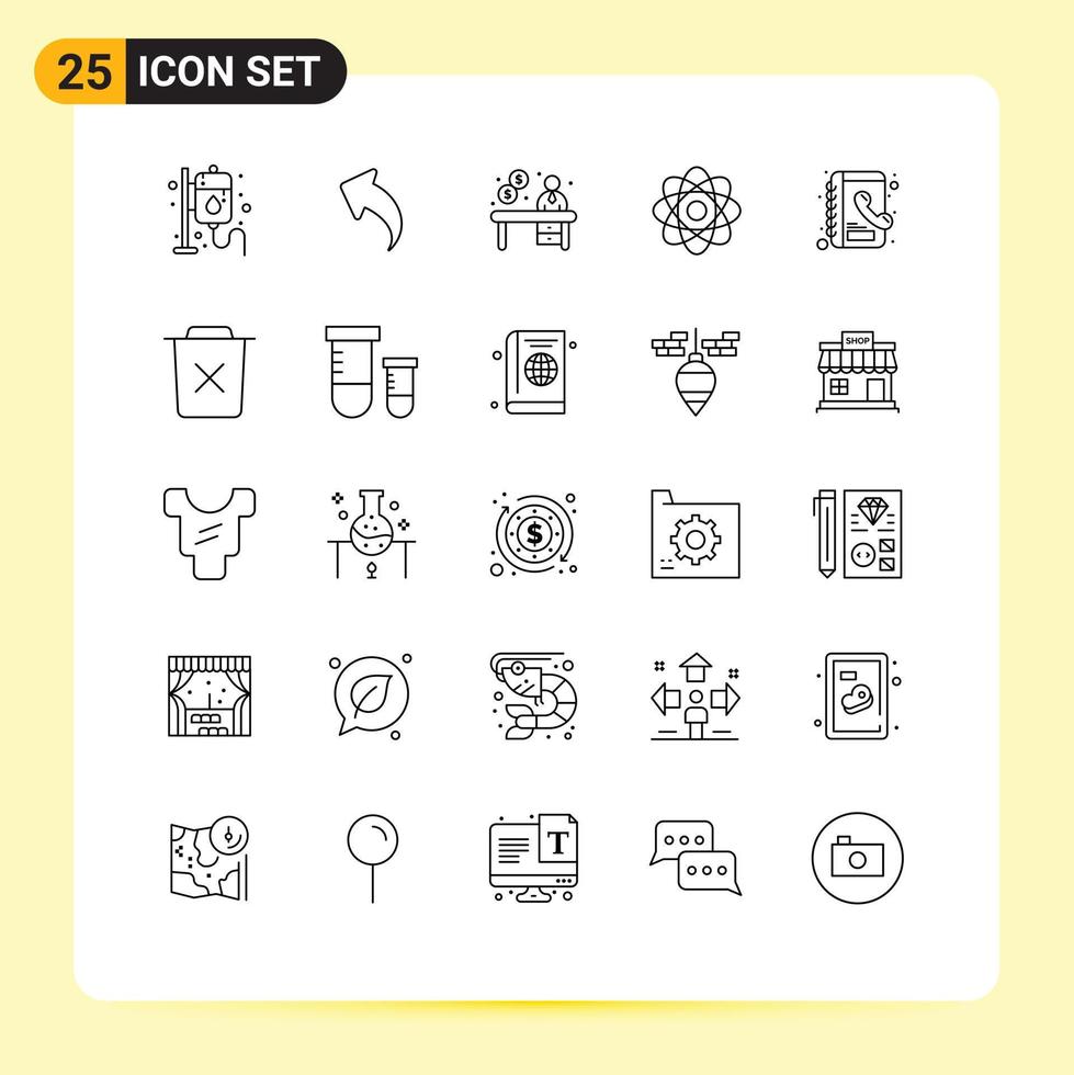 Pack of 25 Modern Lines Signs and Symbols for Web Print Media such as phone book book contact laboratory biochemistry Editable Vector Design Elements