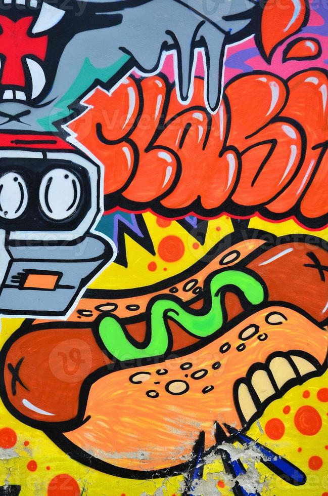 A detailed image of the graffiti drawing. A conceptual street art background with a hot dog photo