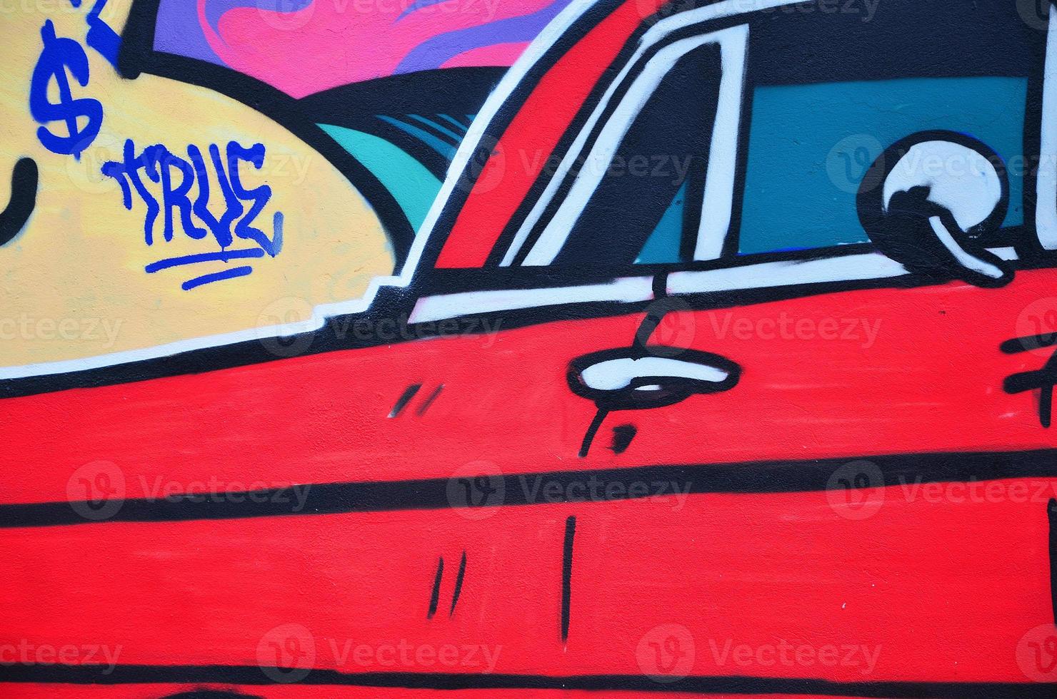 A detailed image of the graffiti drawing. A conceptual street art background with a red lowrider car photo