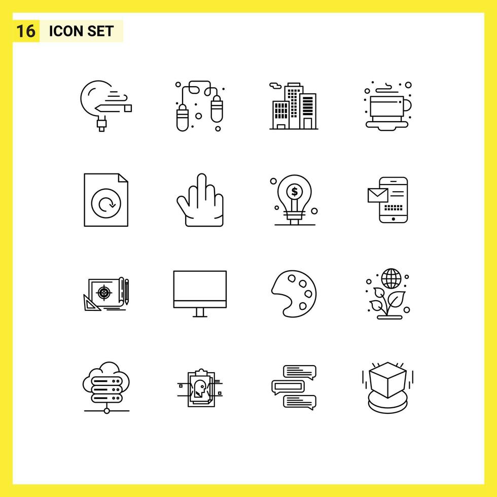 User Interface Pack of 16 Basic Outlines of reload document building hot coffee Editable Vector Design Elements