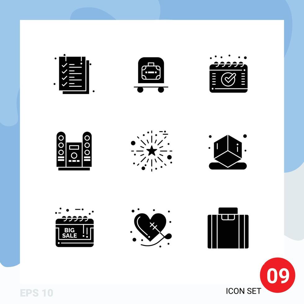 Set of 9 Modern UI Icons Symbols Signs for salute celebrate appointment stage concert Editable Vector Design Elements