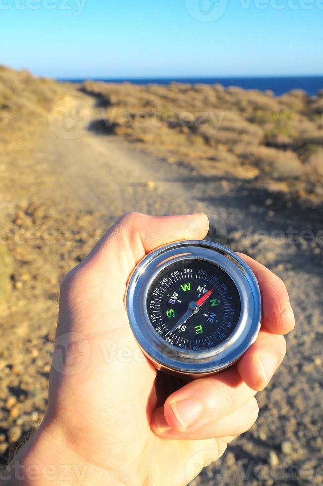 Hand holding compass photo