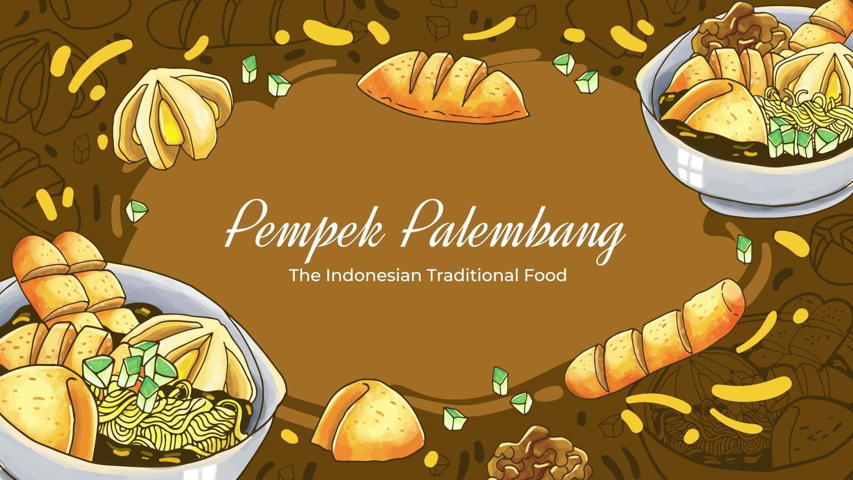 dibujado a mano pempek palembang el fondo de comida tradicional indonesia vector