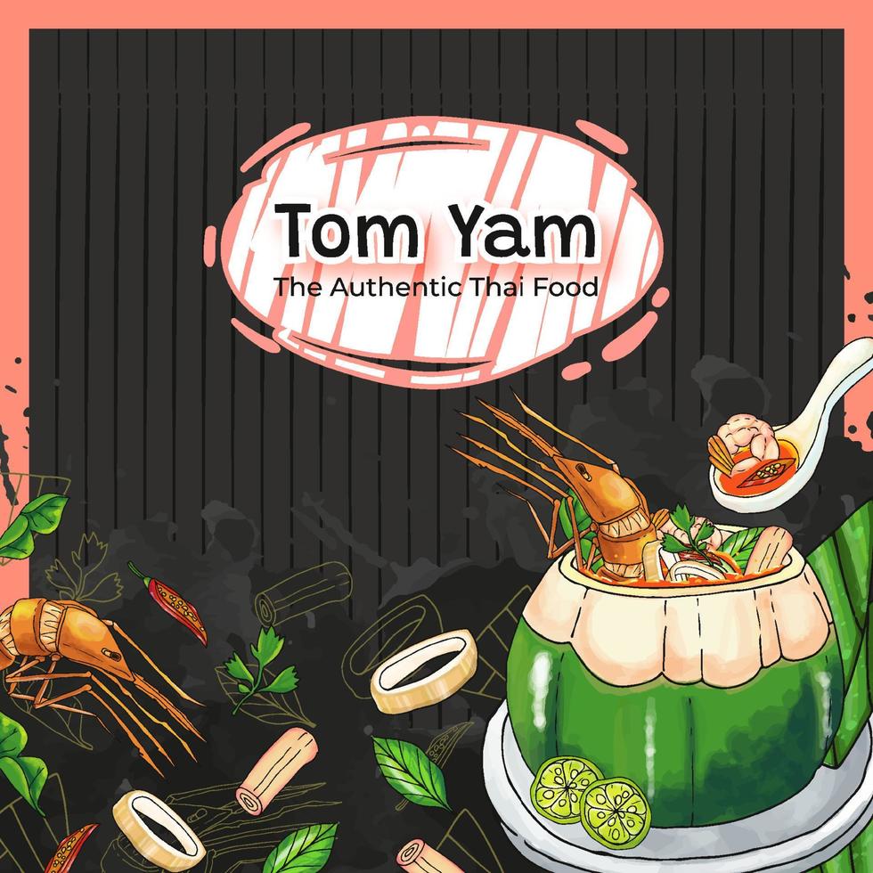 dibujado a mano tom yam el auténtico fondo de comida tailandesa vector