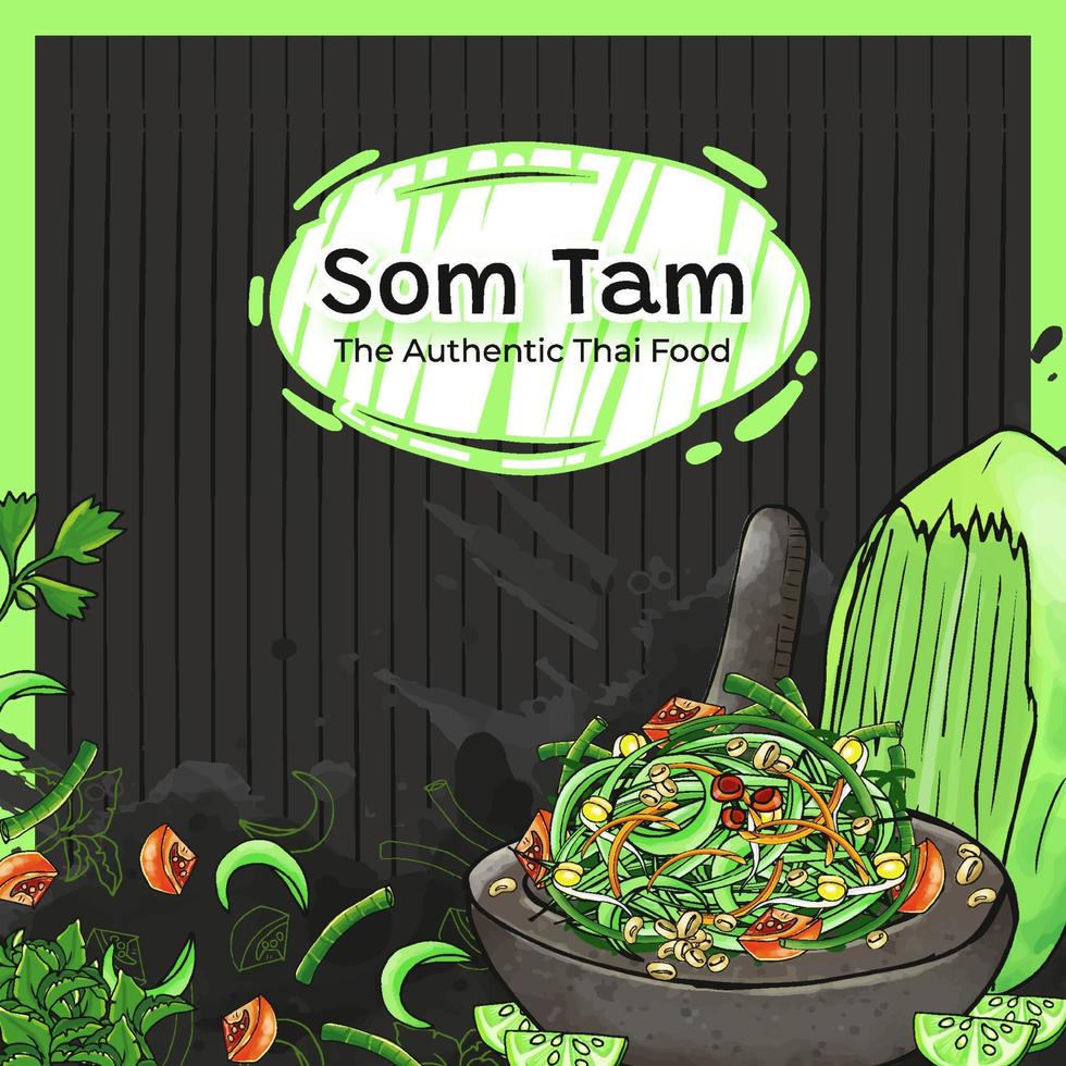 Hand Drawn Som Tam The Authentic Thai Food Background vector