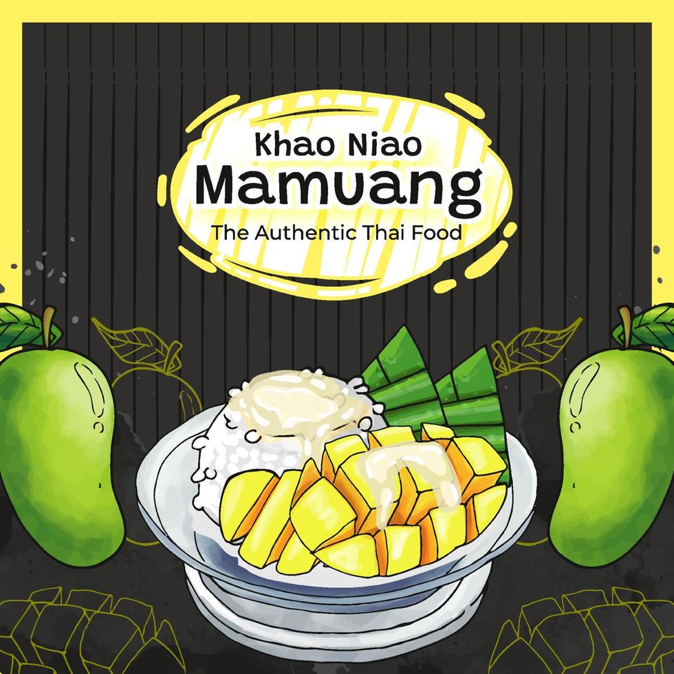 dibujado a mano khao niao mamuang el auténtico fondo de comida tailandesa vector