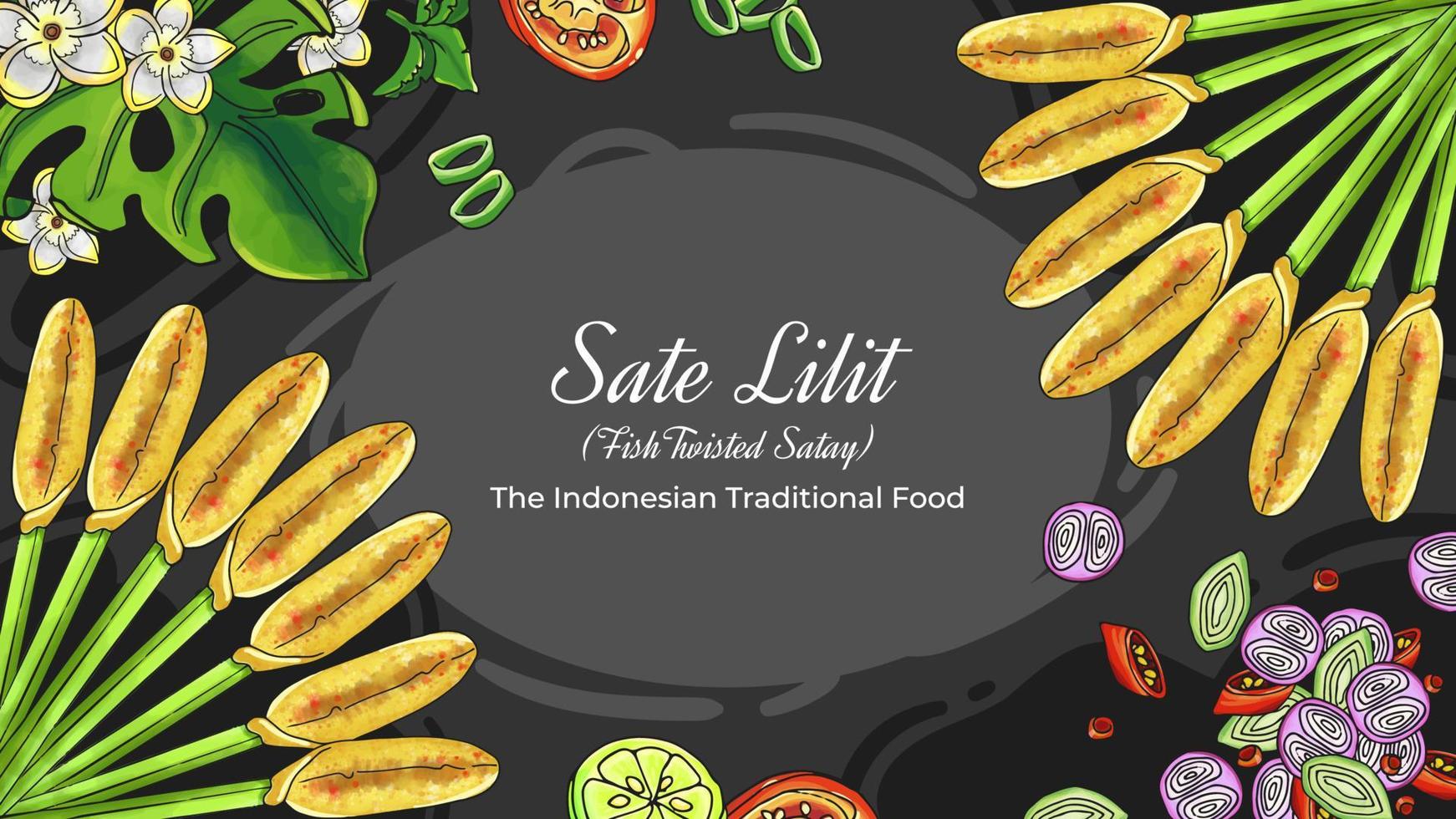 dibujado a mano sate lilit el fondo de comida tradicional indonesia vector