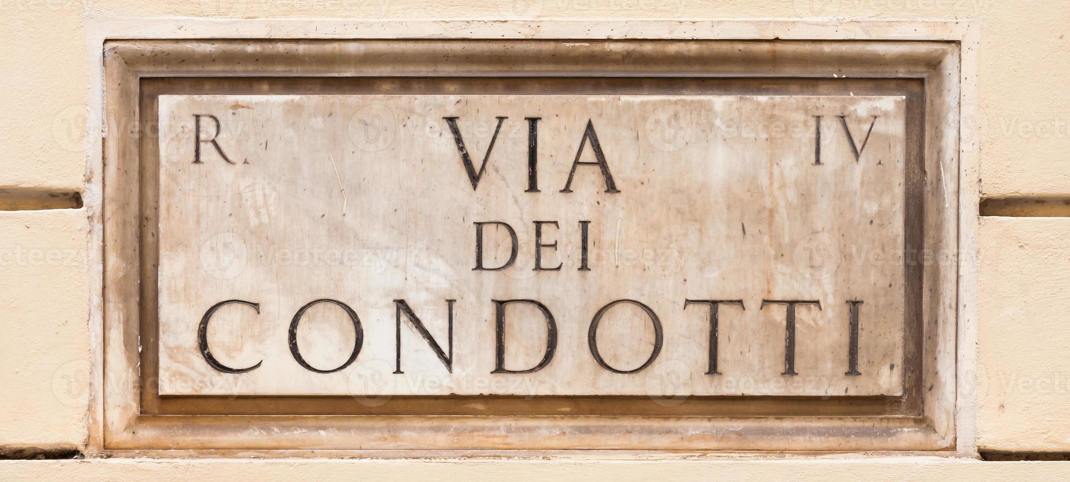 Rome, Italy. Street plate of the famous Condotti Road - Via dei Condotti - center of the Roman luxury shopping. photo