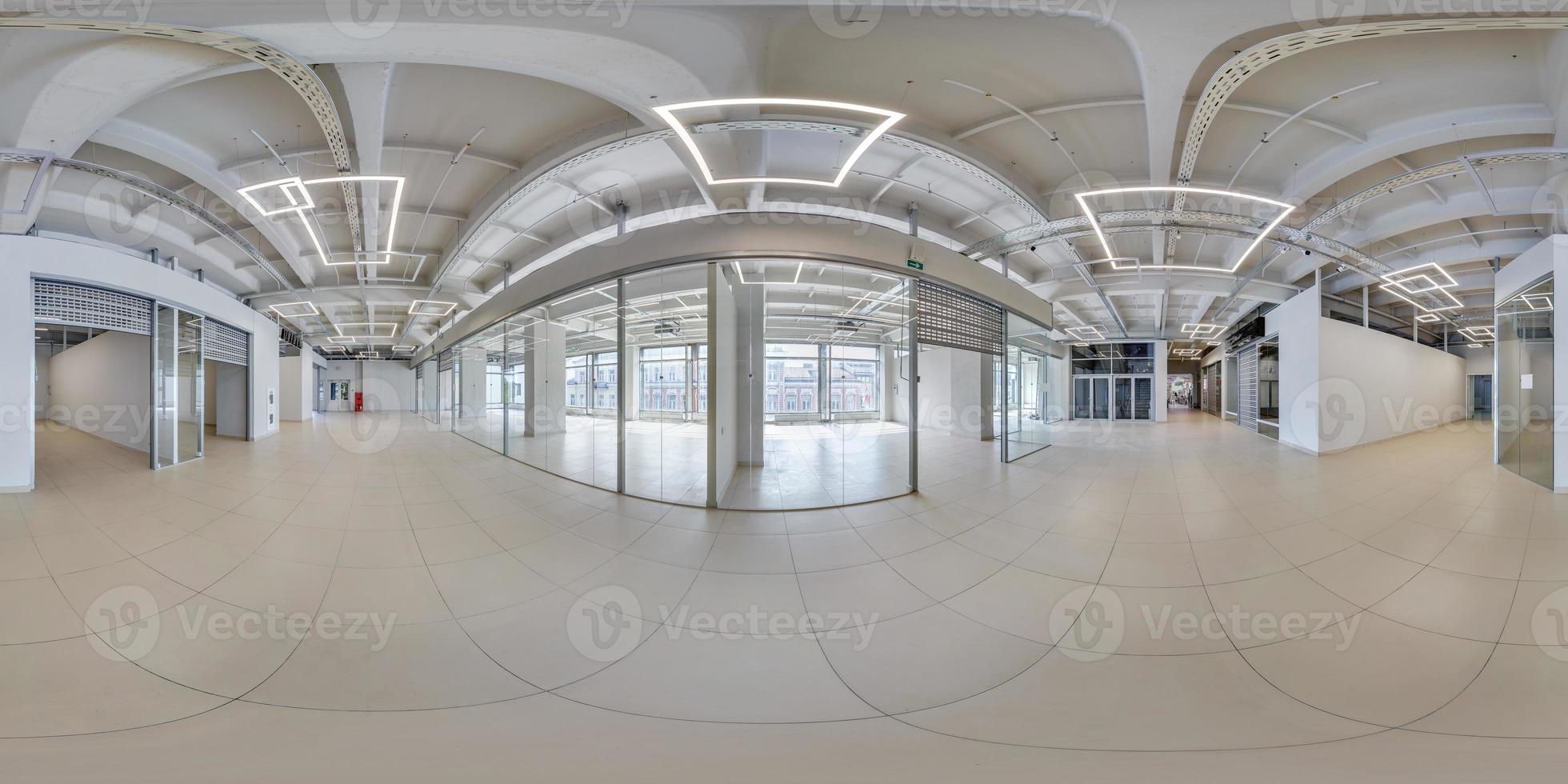 full seamless spherical hdri 360 panorama in interior of empty white room with repair for office or store with panoramic windows in equirectangular projection photo