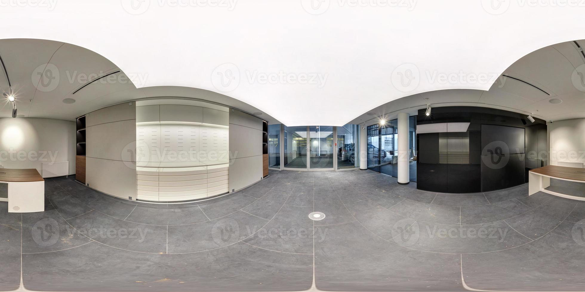 full seamless spherical hdri 360 panorama in interior of empty white room with repair for office or store with panoramic windows in equirectangular projection photo