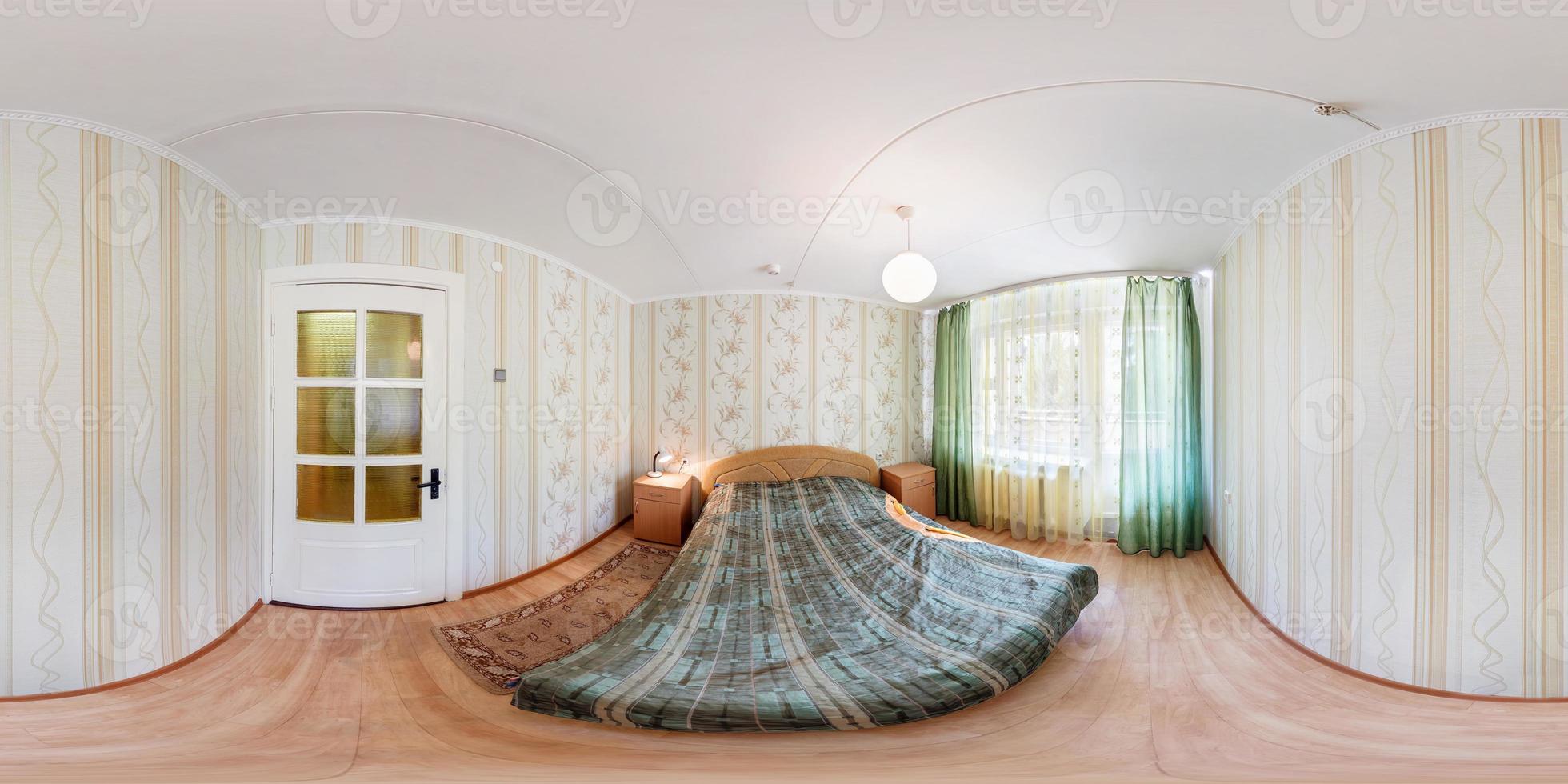 seamless 360 panorama in interior of bedroom of cheap hostel,  flat or apartments with chairs and table in equirectangular projection with zenith and nadir. VR AR content photo