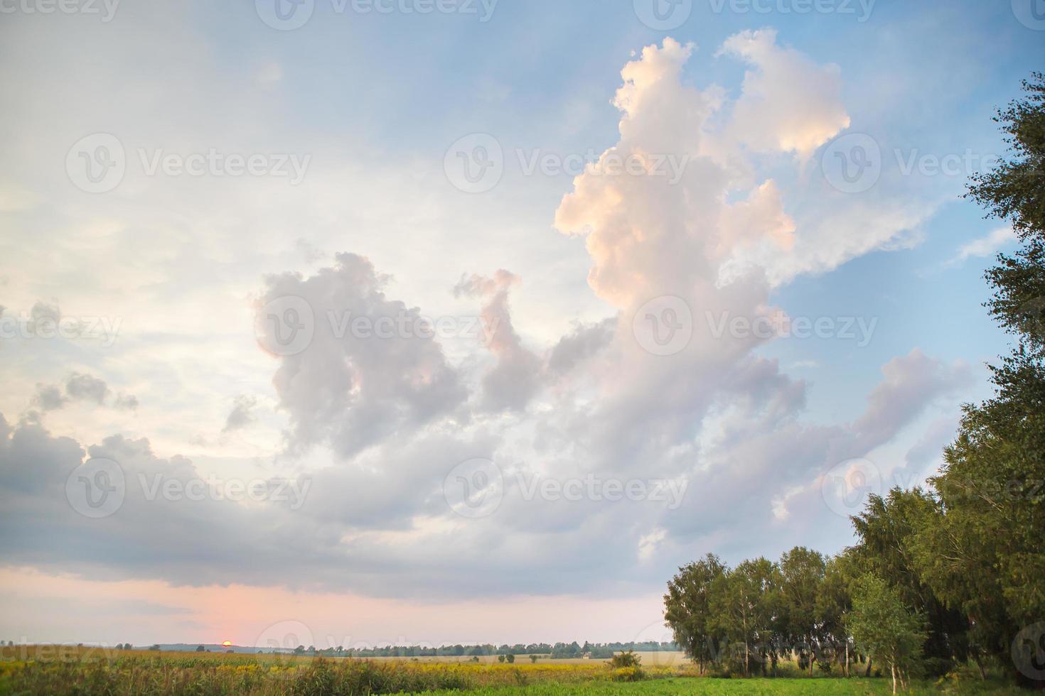 grandes nubes, hermosa puesta de sol sobre un campo verde agrícola foto