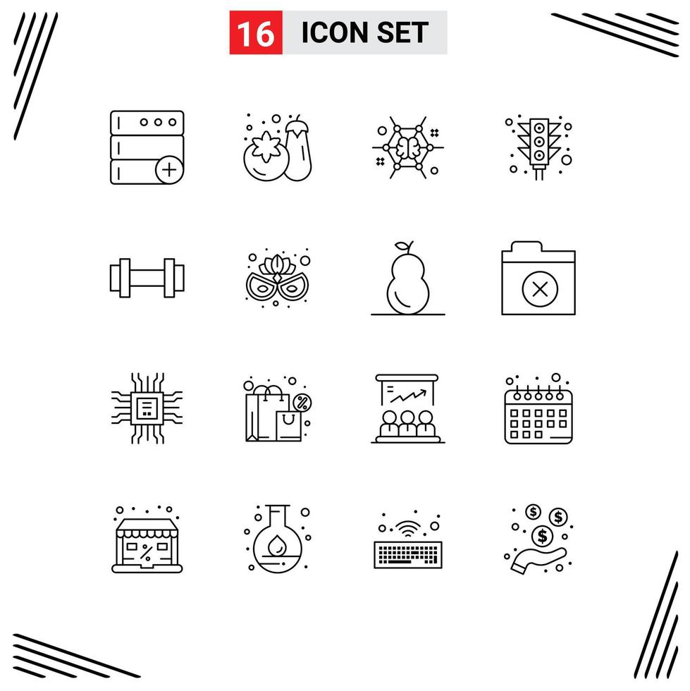 Group of 16 Outlines Signs and Symbols for training gym brain signal light Editable Vector Design Elements