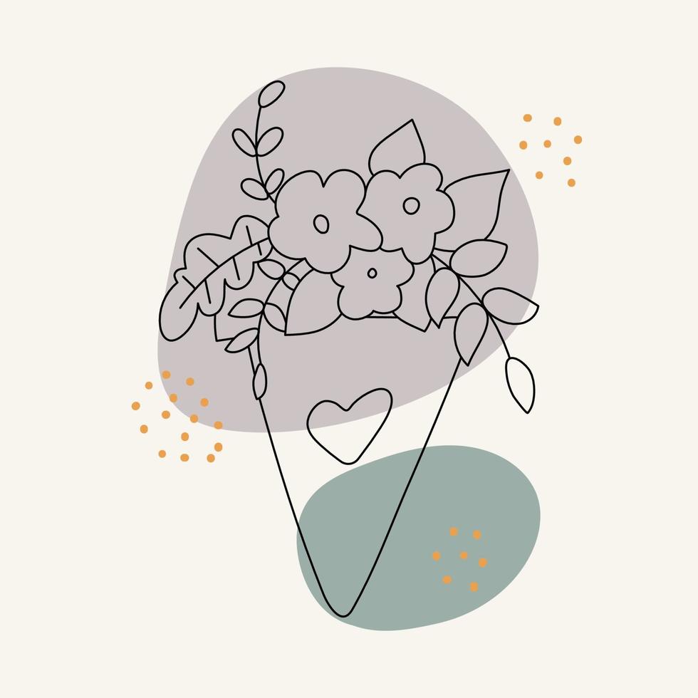 postal, icono de línea, ramo con flores, con manchas y puntos. elementos del día de san valentín y garabatos de boda. diseño para estampados, postales, estampados. vector