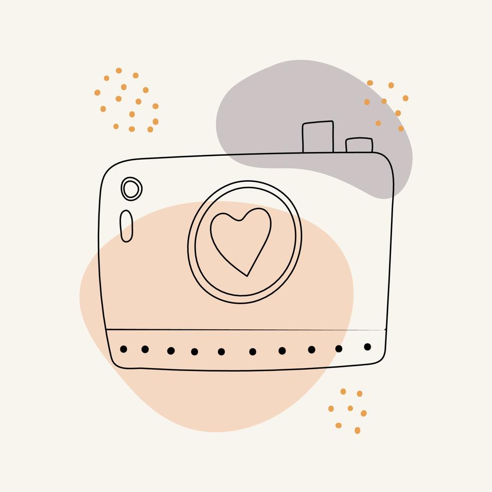 tarjeta, icono de línea, cámara fotográfica con corazón, manchas y puntos. elementos del día de san valentín y garabatos de boda. diseño para estampados, postales, estampados. vector