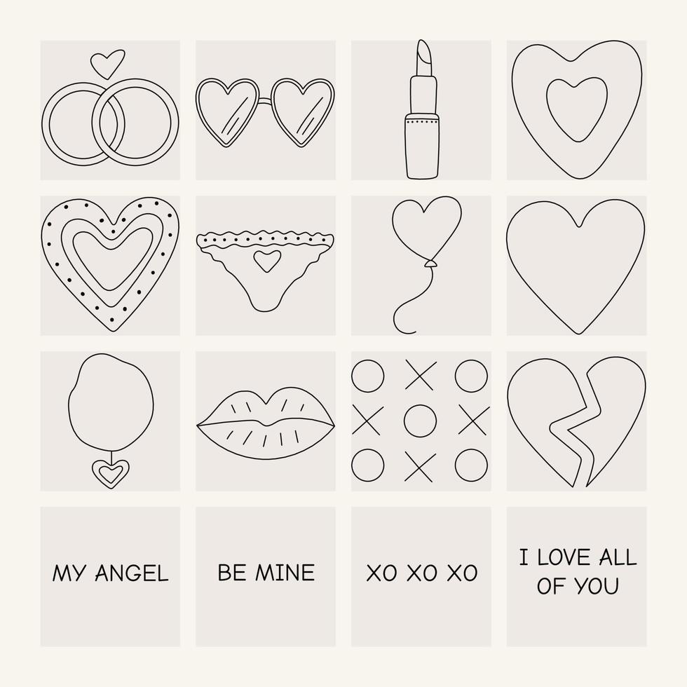 Set of icons, elements for Valentine's day, declarations of love and wedding doodles. Hearts, rings, lipstick, underpants, kiss, inscriptions. Black line. vector