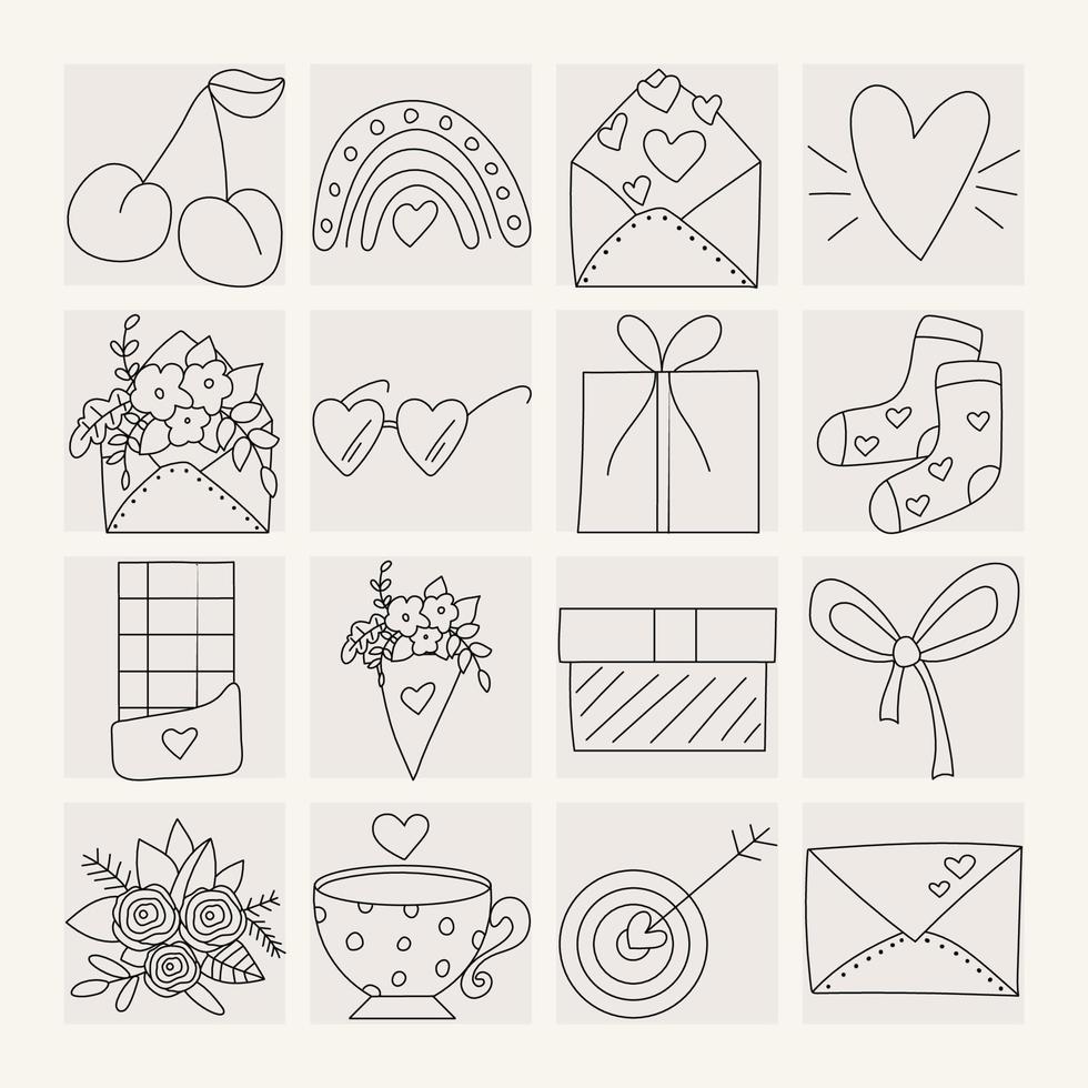 Set of icons, elements for Valentine's day, declarations of love and wedding doodles. Hearts, gift, socks, envelope, flowers. Black line. vector