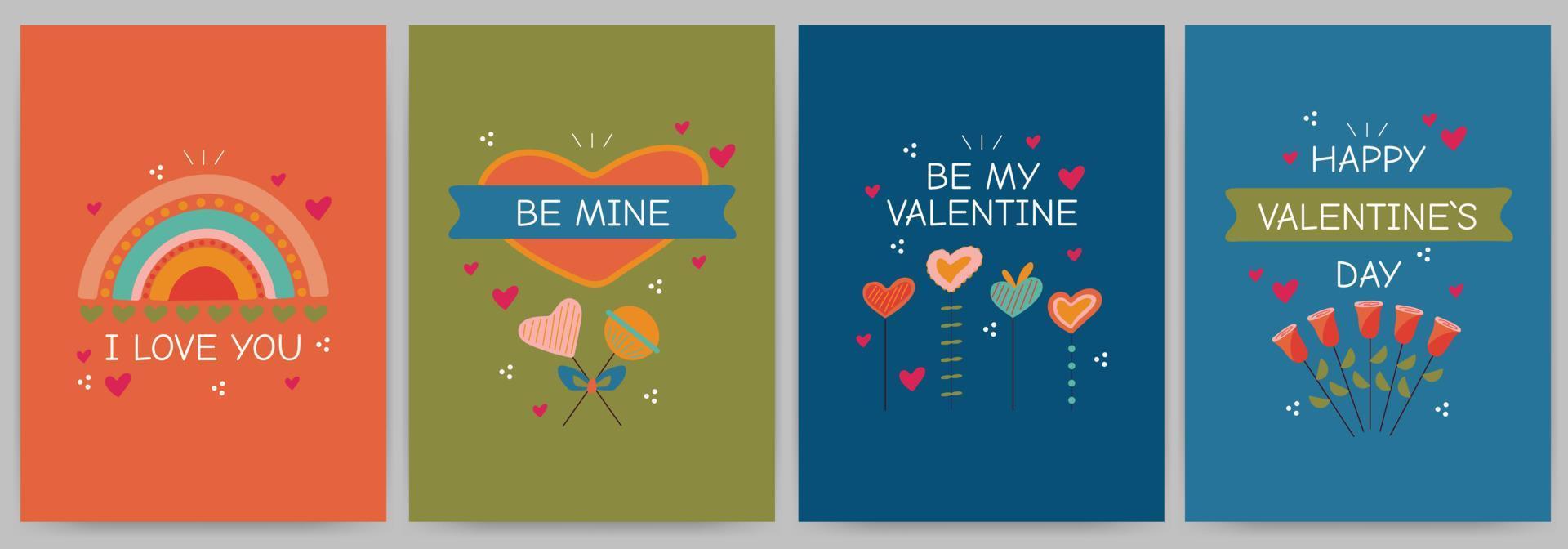 Happy Valentine's Day greeting card set. Rectangular templates with candies, hearts, ribbons, roses, rainbow. Vector illustration on a bright multi-colored background.