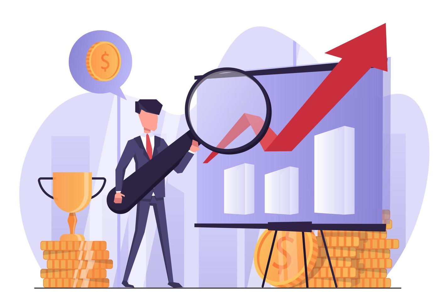 Sales performance. Businessman looks at the growth chart of sales performance, next to the business award and coins. vector