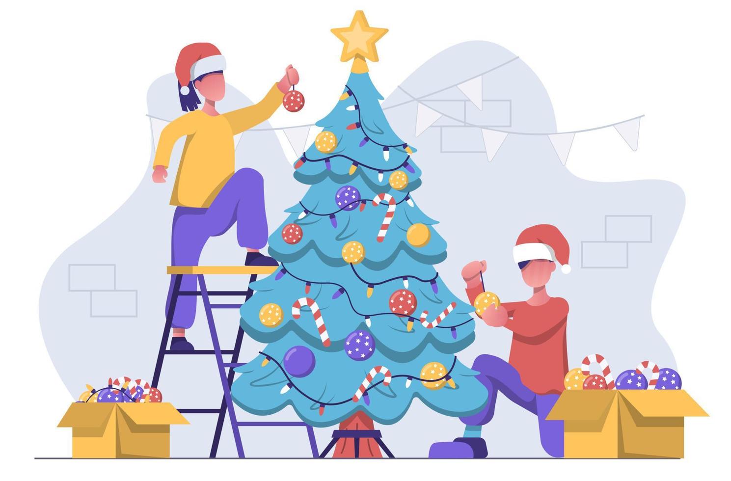 un hombre y una mujer decorando el árbol de navidad con juguetes, ambiente de año nuevo vector