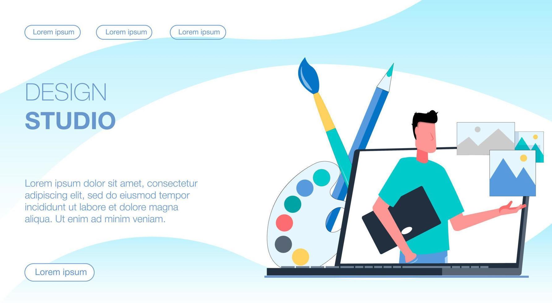 Designer on laptop screen shows pictures in design studio vector
