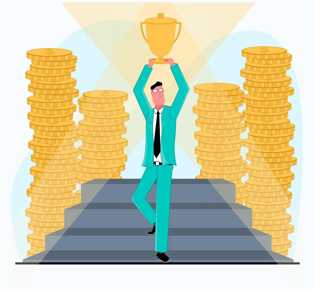 Successful man male businessman descends the steps of fame and holds a cup above his head business prize award around gold money coins spotlights vector flat illustration