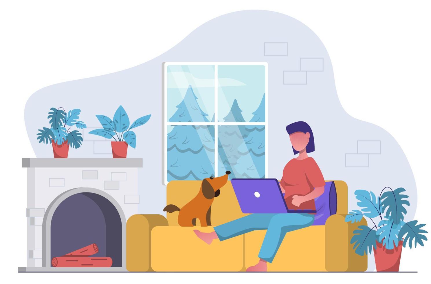 Freelance working. Woman works from home on a freelance vector