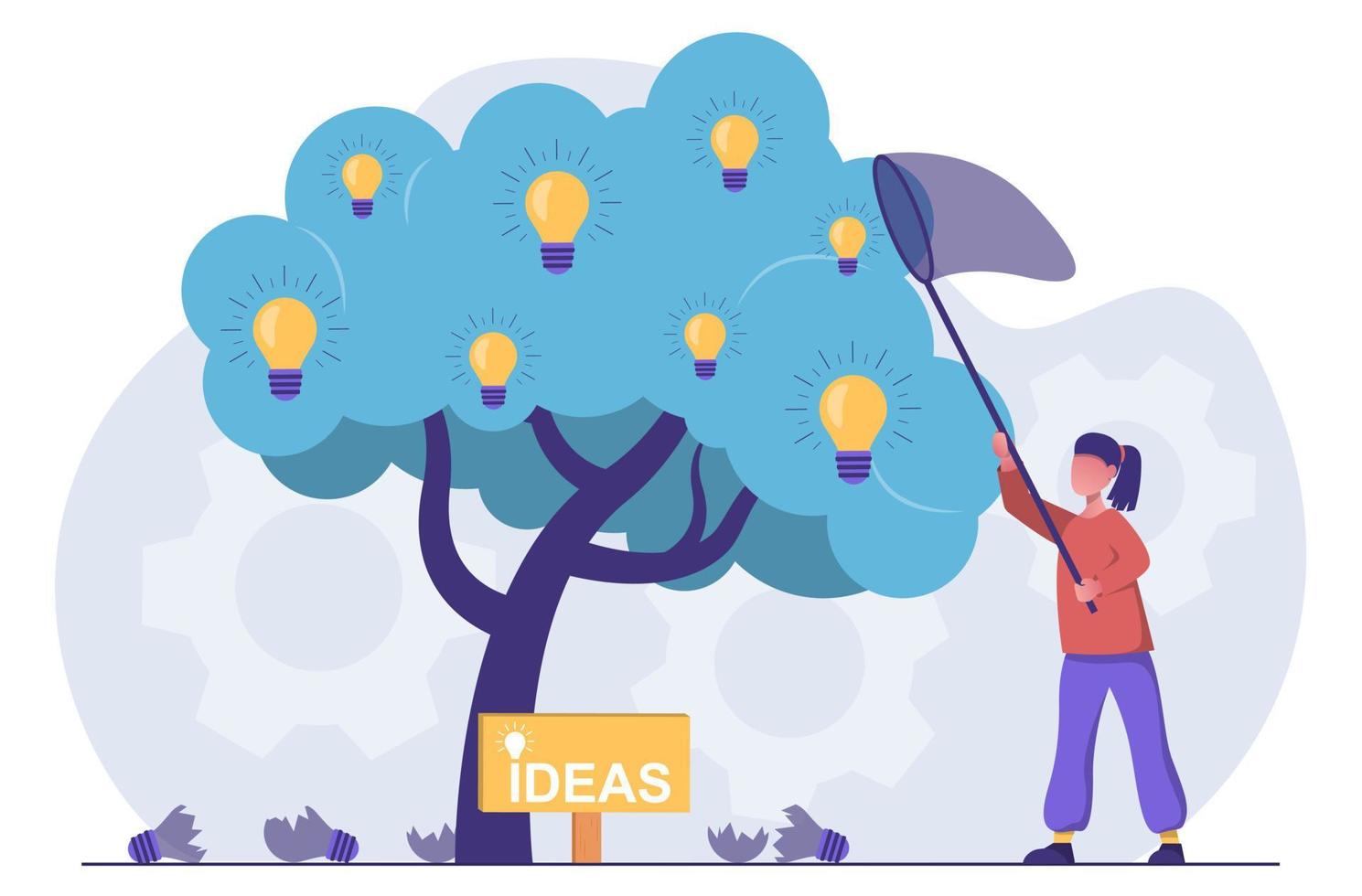 Finding ideas. A woman tries to rip a light bulb from a tree of ideas vector