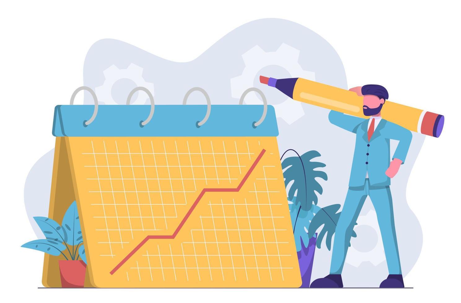Business growth. Businessman draws in the calendar the growth of indicators on the chart vector