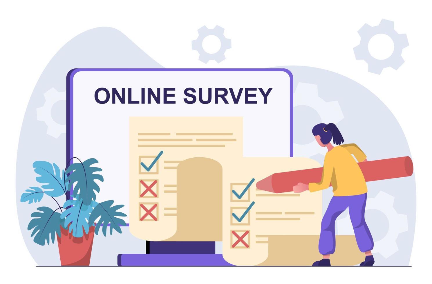 Online survey. A woman fills out an online questionnaire. vector