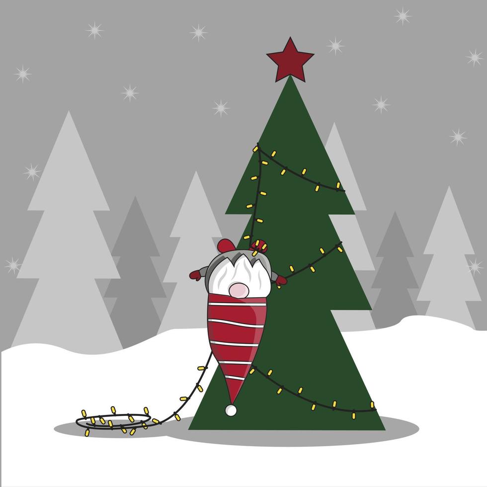 New Year. Christmas. santa claus elf entangled in a garland and hanging on a Christmas tree vector