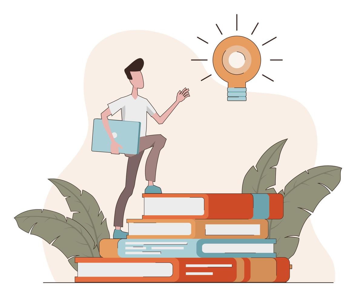 Knowledge stairs. A man walks up the steps of the books to the light bulb vector