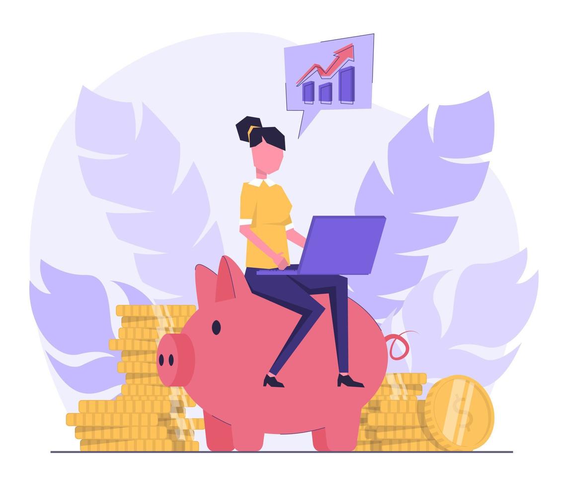 Analyzing budget. Woman with a laptop sitting on a piggy bank, next to coins vector