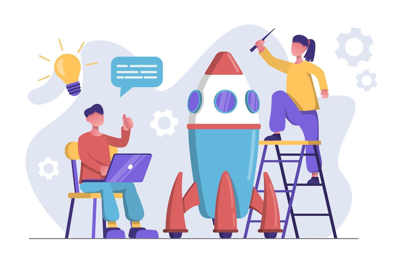 A man with a laptop talking about his idea for a new startup, he has a light bulb over his head. Nearby a woman builds a rocket, which symbolizes the startup. Flat vector illustration.